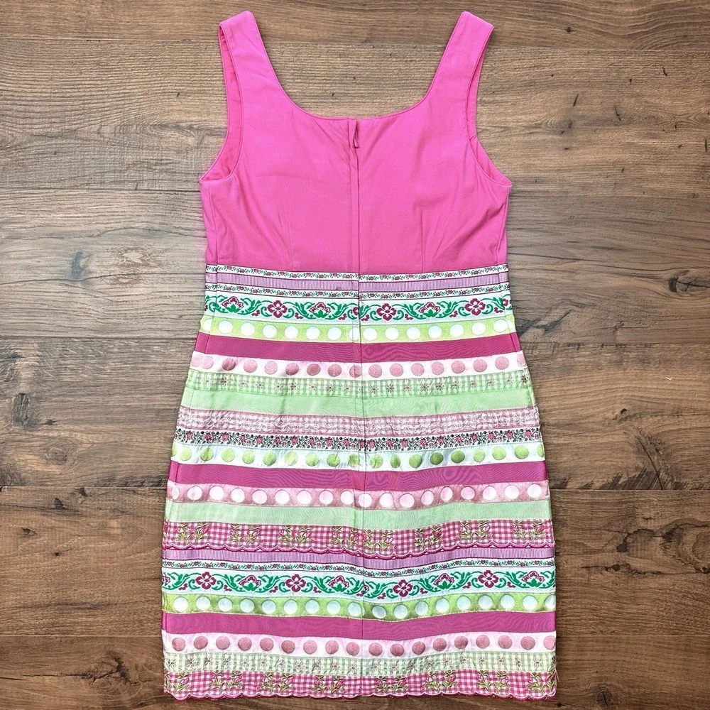 Vtg 80s Lilly Pulitzer Ribbon Striped Dress 6 Pink Embroidered Vacation Cottage - Picture 2 of 7